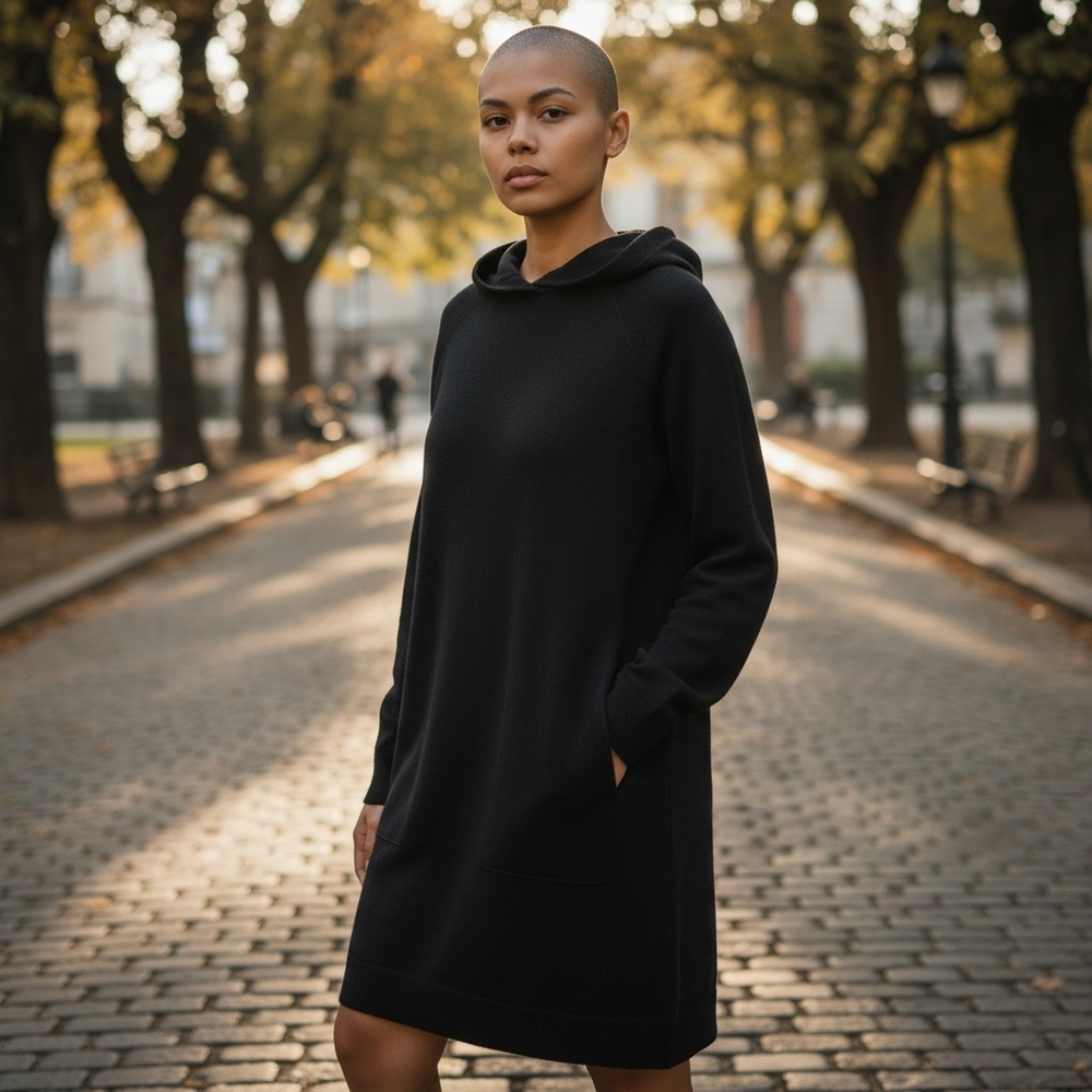 Black Hooded Sweater Dress